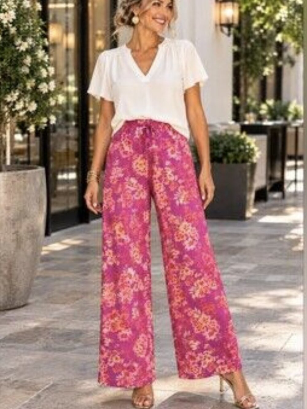 ANN TAYLOR LOFT Fuchsia Floral Wide Leg Pants Tropical Pull On Linen X-Large